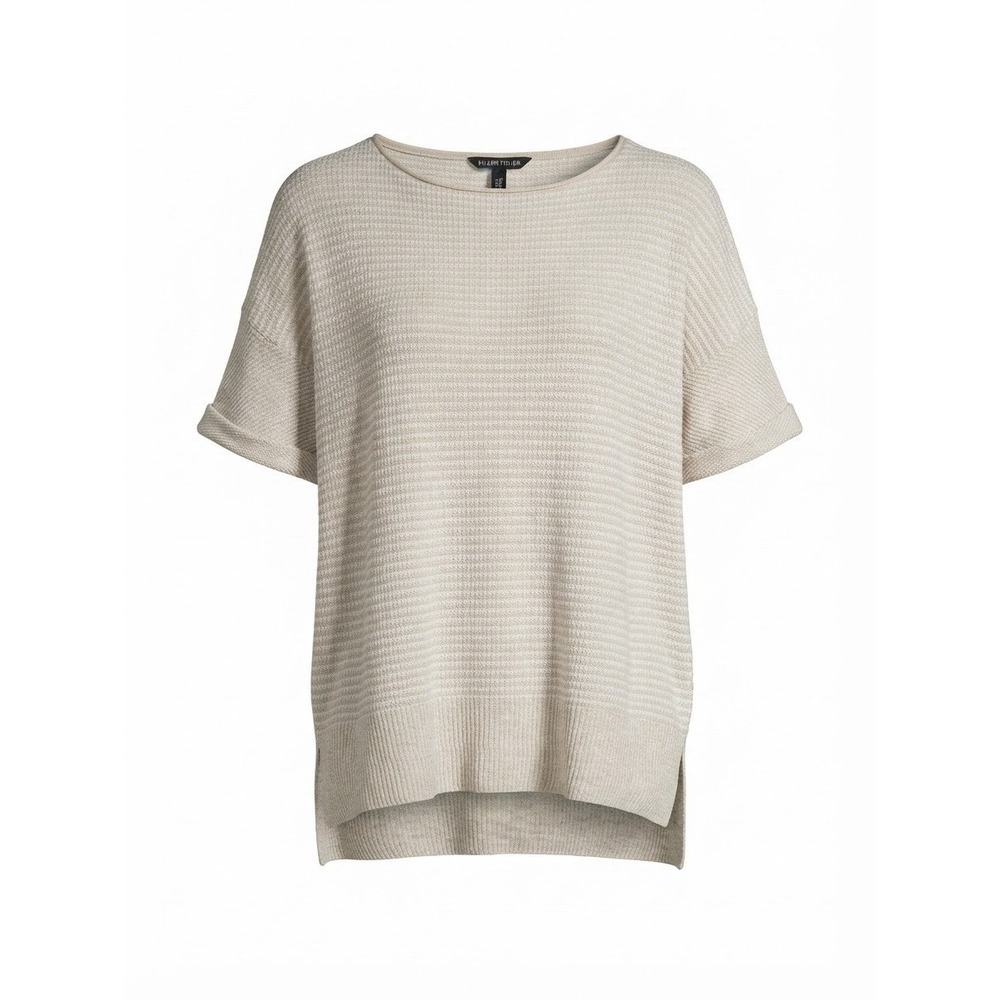 Eileen Fisher Petite Large Organic Linen Top Striped Boho Natural Minimal